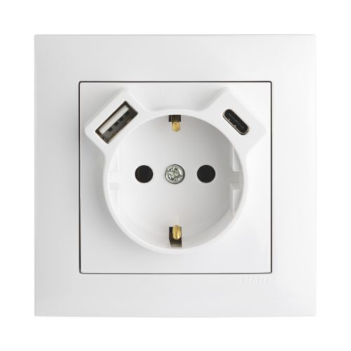 Fehér USB töltő aljzat (Schuko + USB-A + USB-C) - komplett - mec21 (21137+90630_TBR+90910_TBR)