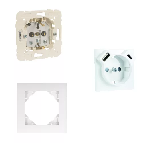 Fehér USB töltő aljzat (Schuko + USB-A + USB-C) - komplett - mec21 (21137+90630_TBR+90910_TBR)