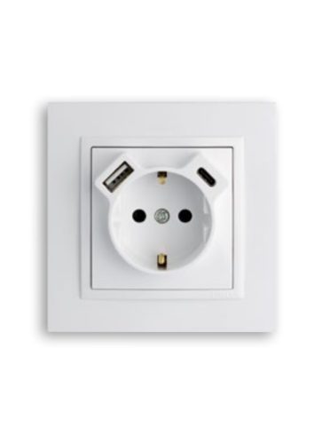 21137 - Földelt Schuko típusú dugaszoló aljzat, 16A-250V + USB-A + USB-C