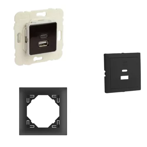 Fekete USB töltő aljzat (USB-A + USB-C) - komplett - mec21 (21381+90674_TPM+90910_TPM)