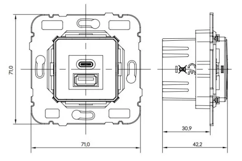 Fekete USB töltő aljzat (USB-A + USB-C) - komplett - mec21 (21381+90674_TPM+90910_TPM)